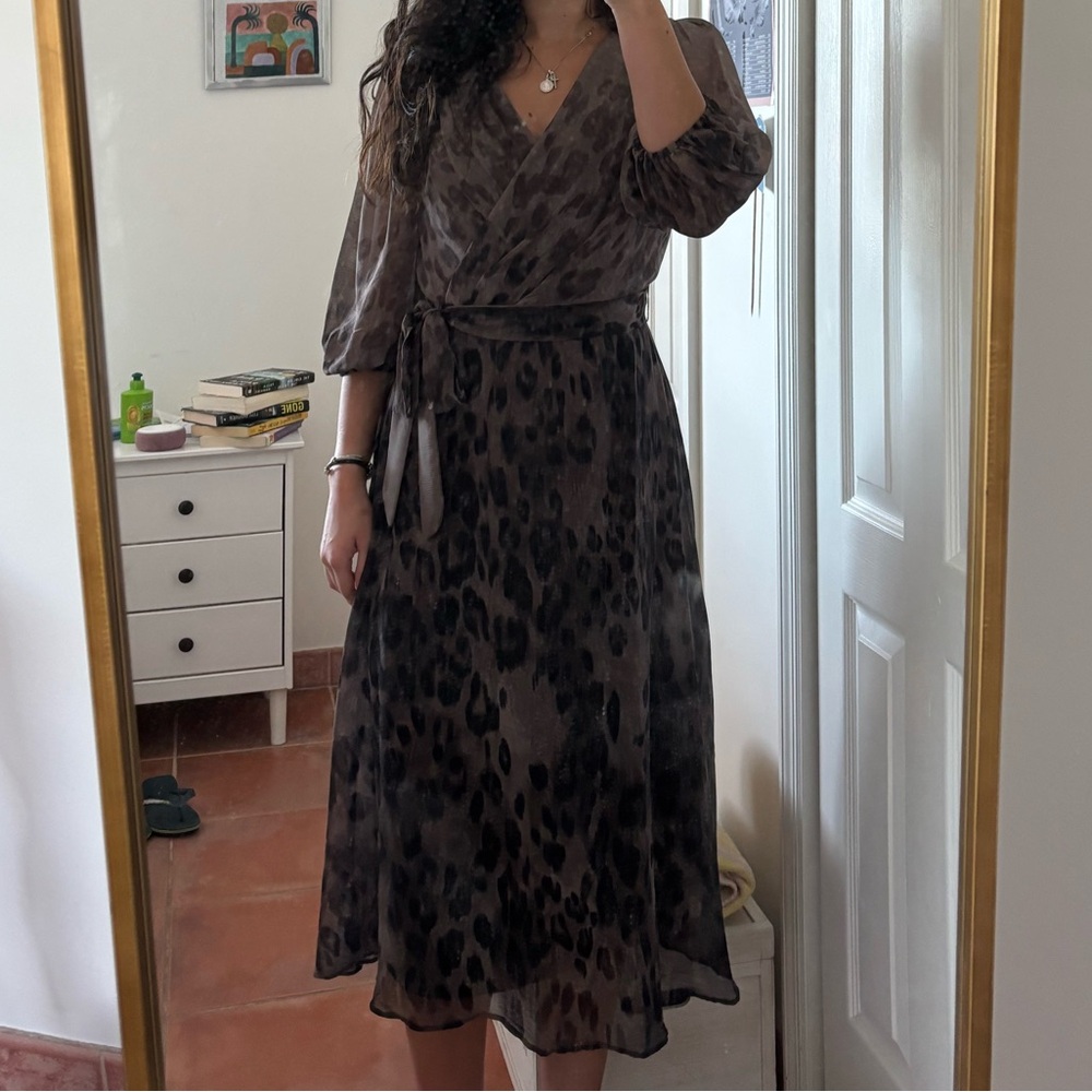 DKNY Leopard Print Midi Puffed Sleeve Dress